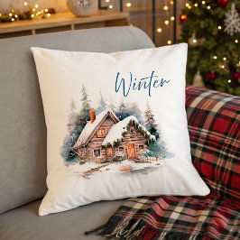 Winter Cottage and Deer in Snowy Forest Kussen