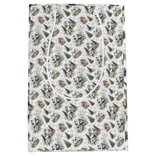 Winter Cottage Snowfall Pattern Medium Cadeauzakje (Voorkant)