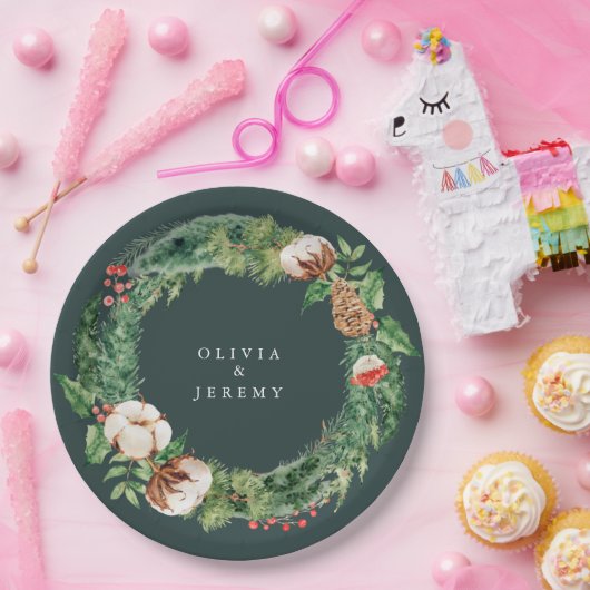 Winter Cotton and Greens Mongram Wedding Papieren Bordje (Feest)