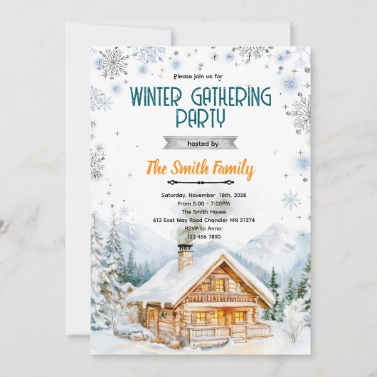 Winter cozy cabin party invitation (Devant)