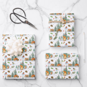 Winter Cozy Natuur Vos Konijn Vogels Dennenappels  Inpakpapier Vel
