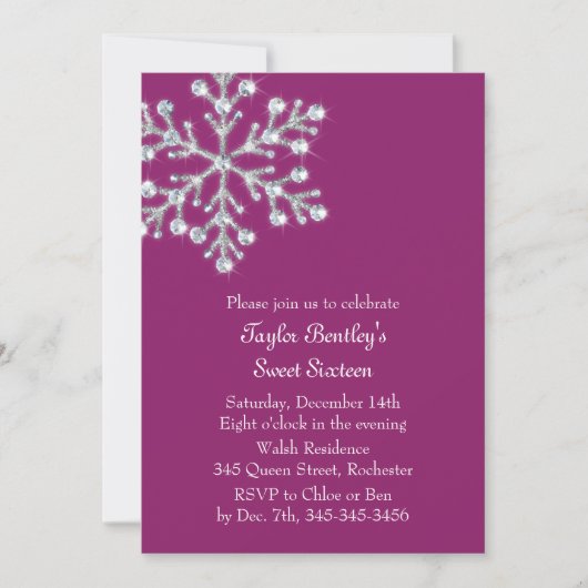 Winter Crystal Sweet 16e verjaardag Invite magenta Kaart (Voorkant)