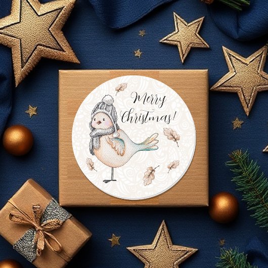 Winter Cute Sparrow Illustration Ronde Sticker
