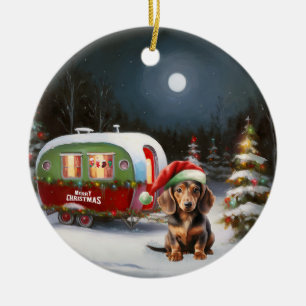 Winter Dachshund Caravan Kerstavontuur Keramisch Ornament