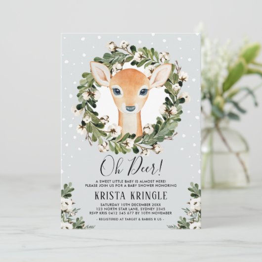 Winter Deer Baby shower Greenery Wreath Snowflakes Kaart (Staand voorkant)