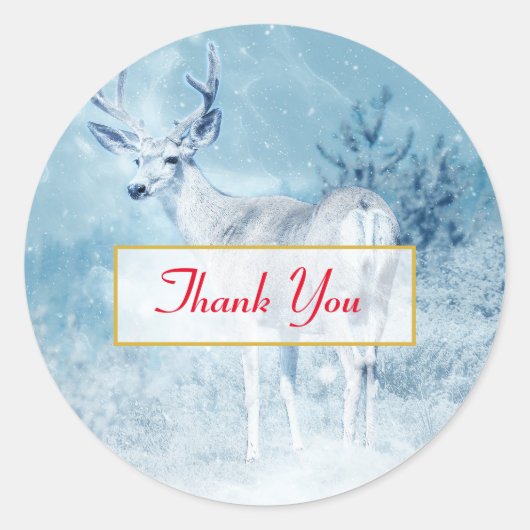 Winter Deer en Pine Trees Dank u Ronde Sticker (Voorkant)