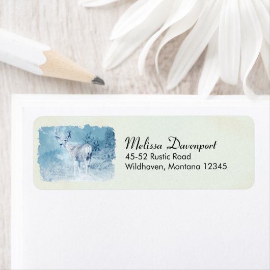 Winter Deer en Pine Trees Etiket (Insitu)