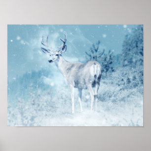 Winter Deer en Pine Trees Poster