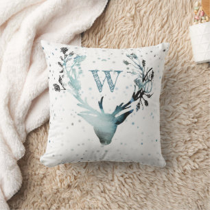 Winter Deer Silver Blue Monogram Kerstmis Kussen