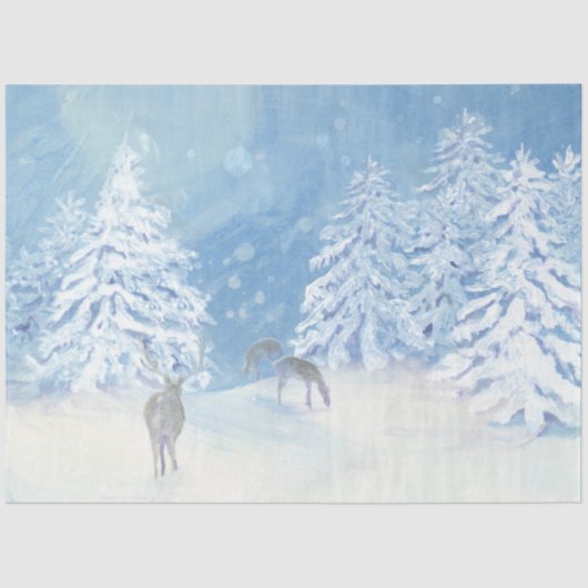 Winter Deer Snow Falling kerstboom Blue White Tissuepapier (Voorkant)