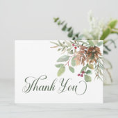 Winter dennen kegel bessen moderne bruiloft bedankkaart (Staand voorkant)