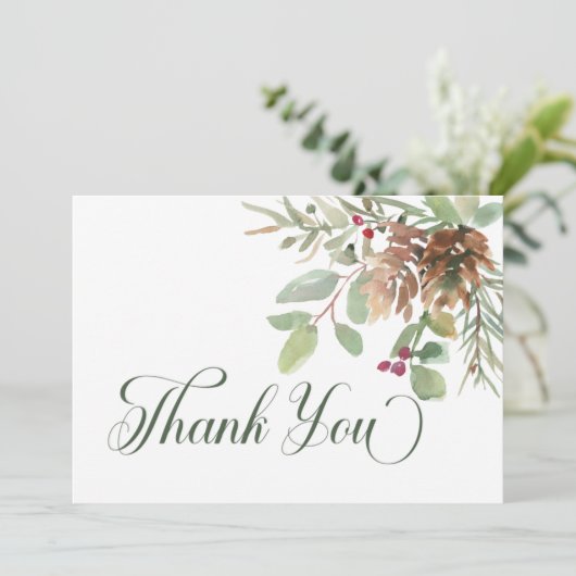 Winter dennen kegel bessen moderne bruiloft bedankkaart (Staand voorkant)