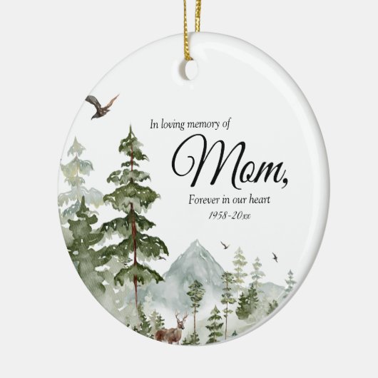 Winter dennenboom bos in liefdevolle herinnering a keramisch ornament (Links)