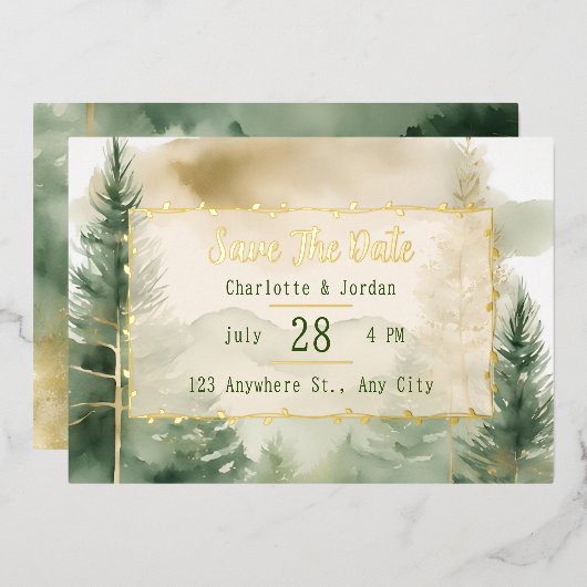 Winter Dennenboom Bos Monogram Save The Date Folie Uitnodiging (Voorkant / Achterkant)
