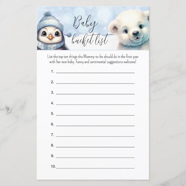 Winter Dieren Baby Bucket List Douche Spel (Voorkant)