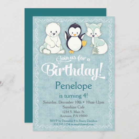 Winter Dierendag Uitnodiging Beer Fox Penguin (Voorkant / Achterkant)