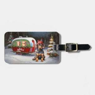 Winter Dobermann Caravan Kerst Avontuur Bagagelabel