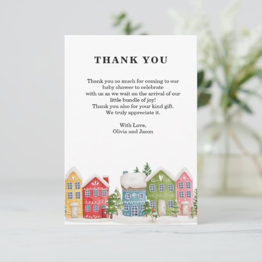 Winter dorp baby shower Dank u Kaart (Staand voorkant)