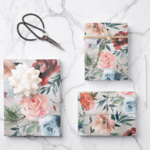 Winter Dusty Blue & Roze Roses Pine & Roos Hip  Inpakpapier Vel