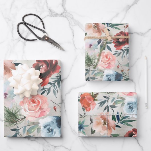 Winter Dusty Blue & Roze Roses Pine & Roos Hip Inpakpapier Vel (Voorkant)