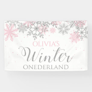 Winter Eenderland Roze Zilver Sneeuw Eerste Verjaa Spandoek