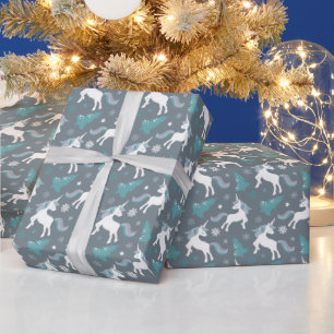 Winter eenhoorns donkergrijs patroon cadeaupapier