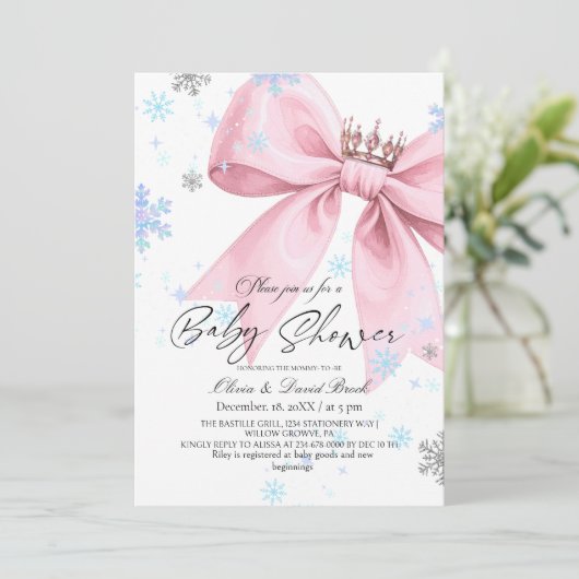 Winter Elegant Pink Bow Baby Shower Kaart (Staand voorkant)