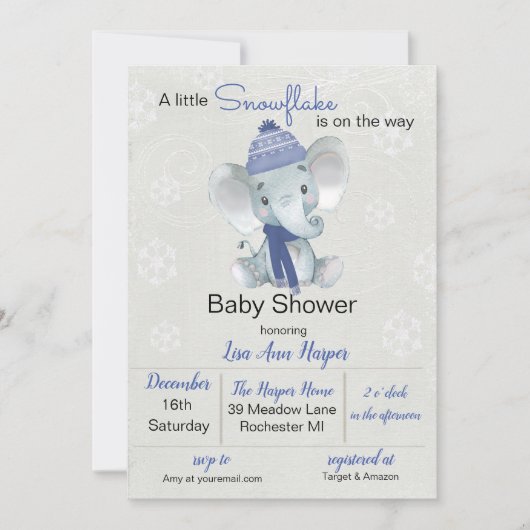 Winter Elephant Baby shower Invitation Kaart (Voorkant)