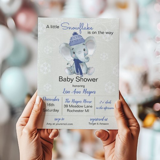 Winter Elephant Baby shower Invitation Kaart