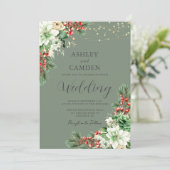 Winter Evergreen Bloemen Smaragd Groene Bruiloft Kaart (Staand voorkant)