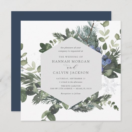 Winter Evergreen Blue Wedding Invitation Kaart (Voorkant / Achterkant)