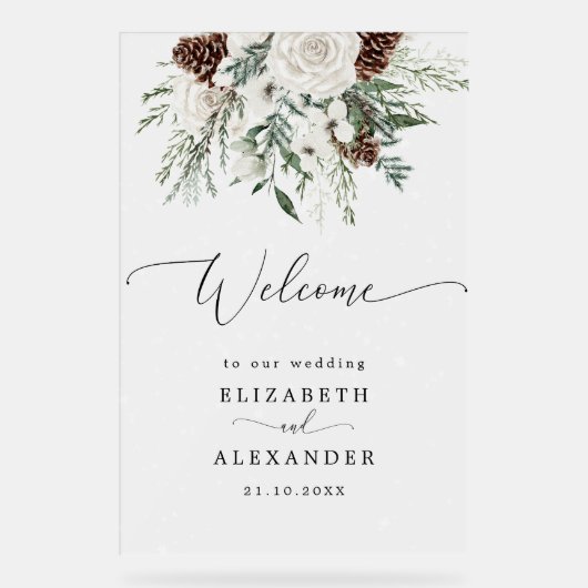 Winter evergreen elegante bruiloft welkom berijpt acryl bord (Voorkant)