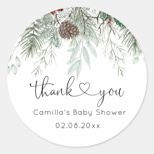 Winter Evergreen Pine Baby shower Ronde Sticker (Voorkant)