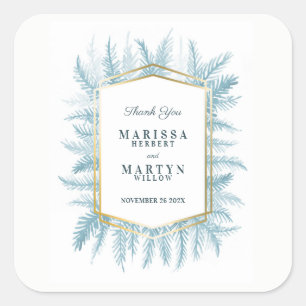 Winter evergreen waterverf blauw bruiloft gunst vierkante sticker