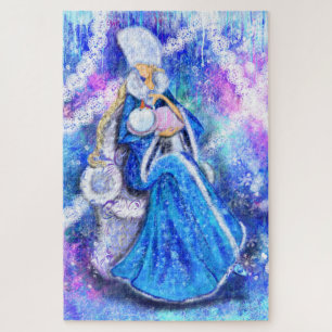 Winter Fairy Feeds Baby Snowman Fantasy Puzzle Legpuzzel