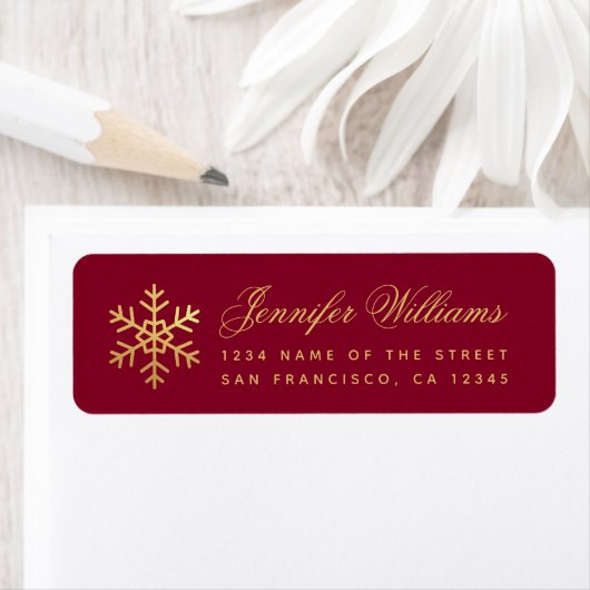 Winter Faux Gold Snowflake Elegant Script Burgundy Etiket (Insitu)