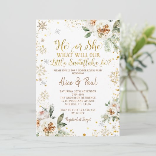 Winter Floral Gold Snowflake Gender onthulling Kaart (Staand voorkant)