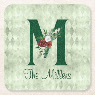 Winter Floral Illustrated Letter M Personalized Vierkante Kartonnen Onderzetter