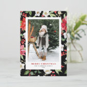 Winter Floral Pattern Black Kerstfoto Feestdagenkaart (Staand voorkant)