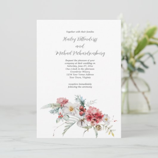 Winter Floral Red Blush White Greenery Wedding Kaart (Staand voorkant)