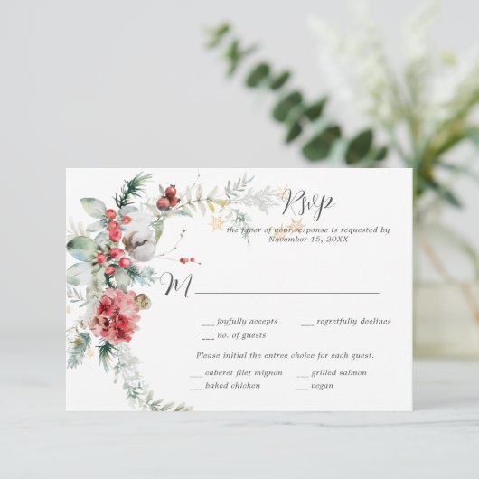 Winter Floral Red Blush White Pine Fern RSVP (Staand voorkant)