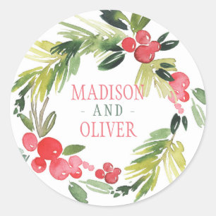 Winter Floral Waterverf Wreath Weddenschap Ronde Sticker