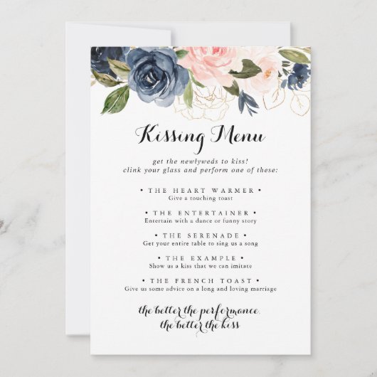 Winter Floral Wedding Kissing Menu Game Kaart (Voorkant)