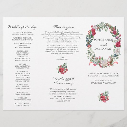 Winter Floral Wreath Tri+Fold Wedding Programme Flyer (Voorkant)