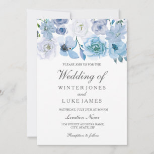 Winter Florals: Elegant Blue White Wedding Invite Kaart