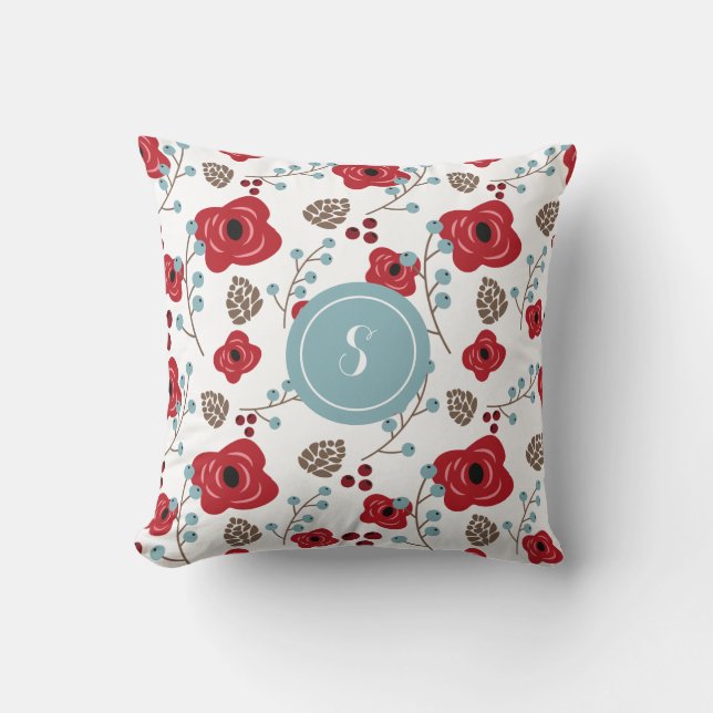 Winter Florals Poppies en Berries Monogram Kussen (Voorkant)