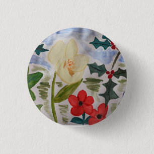 Winter Flowers & Holly Badge Ronde Button 3,2 Cm