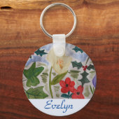Winter Flowers & Holly Button Key Ring Sleutelhanger (Voorkant)