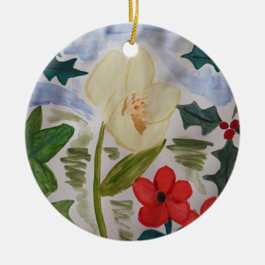 Winter Flowers & Holly Ceramic Ornament (Voorkant)