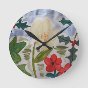 Winter Flowers & Holly Clock Ronde Klok